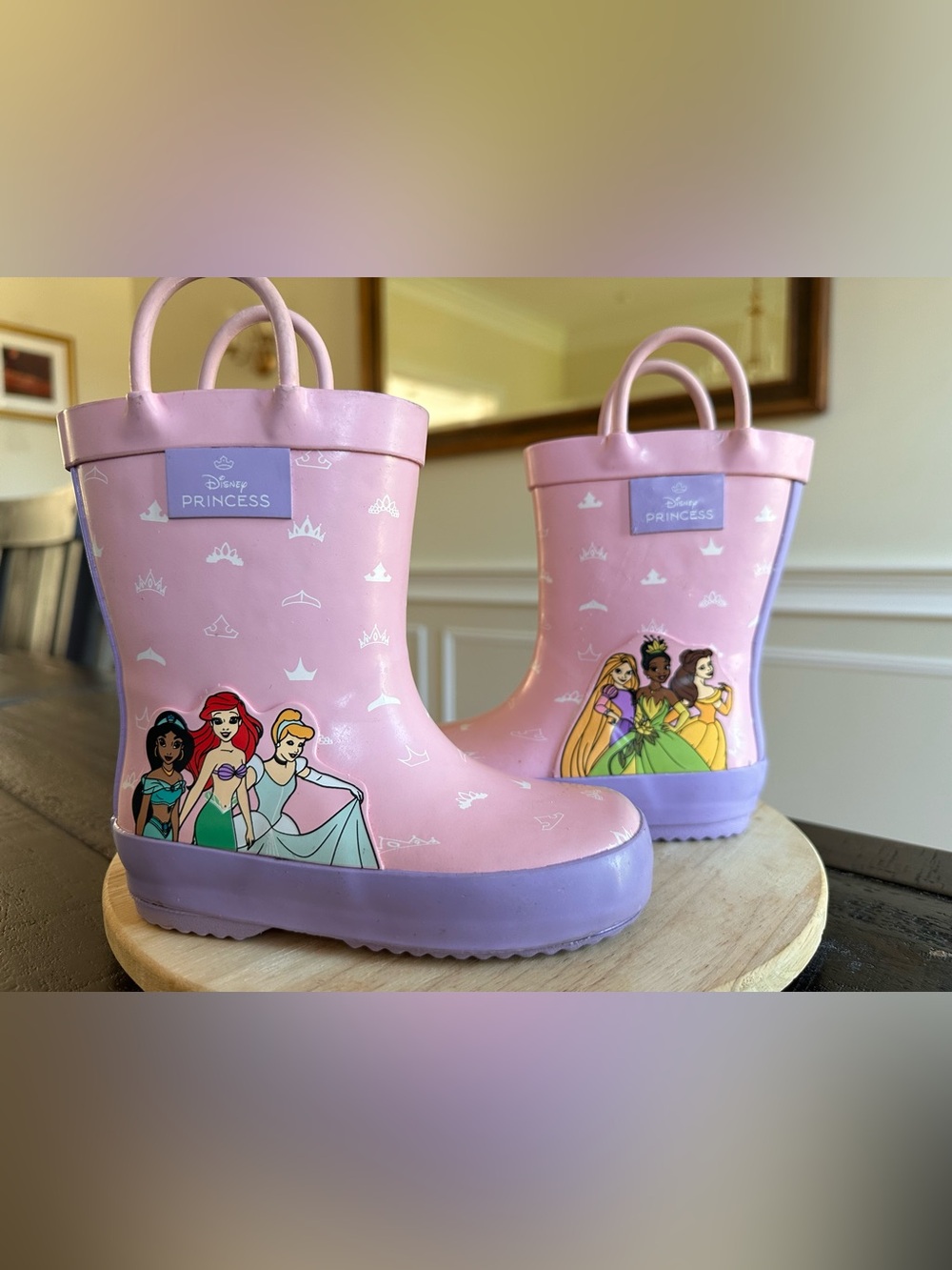 Disney princess waterproof rain boots- pink and purple- size 5/6